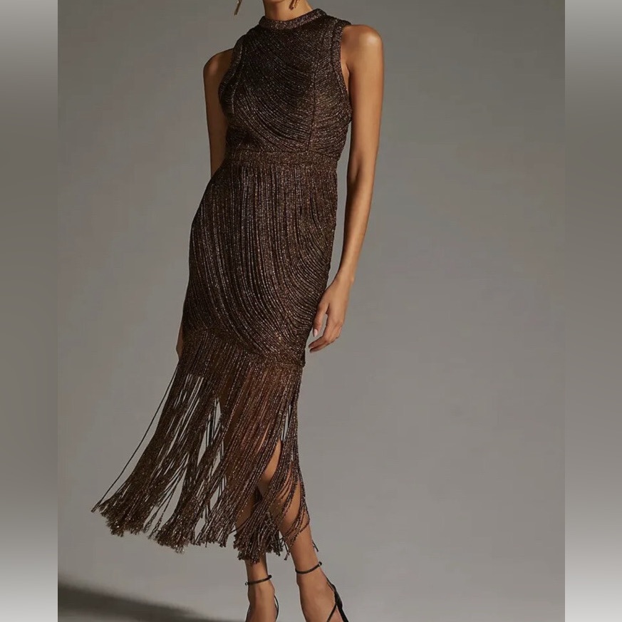 Anthropplogie Not So Serious By Pallavi Mohan Fringe Halter Dress Nwt Black Gold